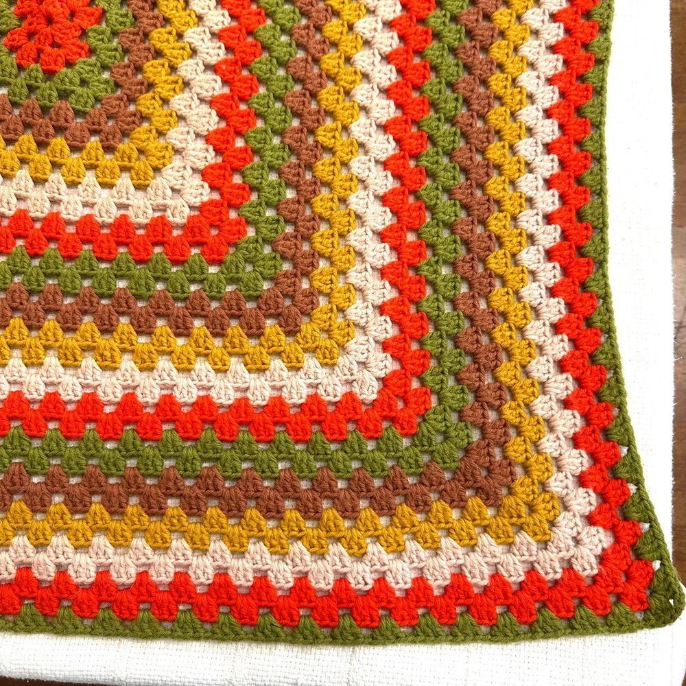 VTG 70s Granny‎ Square Crochet Baby Blanket Retro Orange Green Boho Stroller 34
